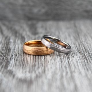 Hammered Rings, Rose Gold Wedding Bands, 2 Piece Couple Set Rose Gold Hammered Tungsten Bands, Rose Gold Wedding Rings, Rose Gold Tungsten Wedding Rings