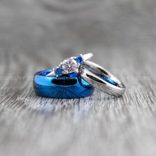 3 Piece Couple Wedding Rings, Silver Wedding Bands, Silver Tungsten Rings, Silver Tungsten Wedding Bands