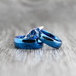 Three Piece Couple Wedding Ring Set with Three Stone CZ Sterling Silver Engagement Ring