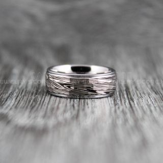 Damascus Steel Ring, Damascus Steel Pattern Wedding Band, Hammered Tungsten Ring, Hammered Wedding Band, 8mm Black Hammered Wedding Ring
