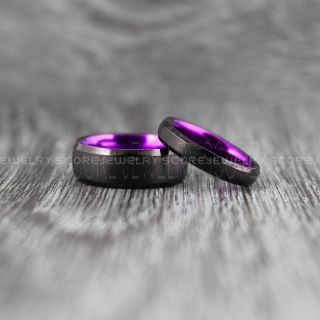Black Wedding Bands with Purple Interior, Black Tungsten Rings, Black Tungsten Wedding Bands