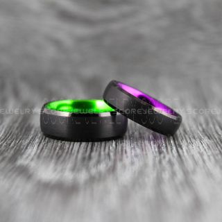Black Wedding Bands with Purple Interior, Black Tungsten Rings, Black Tungsten Wedding Bands