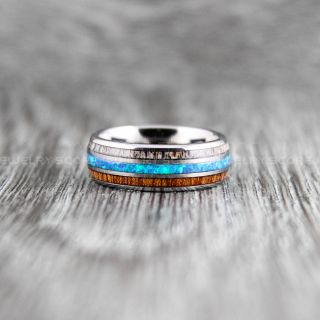 Opal Ring, Koa Wood Ring, Deer Antler Ring, Silver Tungsten Band with Opal Inlay, Deer Antler Wedding Ring, Opal Wedding Band, Opal Wedding Ring, Silver Tungsten Wedding Ring