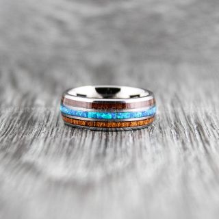 Opal Ring, Koa Wood Ring, Silver Tungsten Band with Opal Inlay, Opal Wedding Band, Opal Wedding Ring, Silver Tungsten Ring