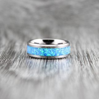 Opal Ring, Blue Opal Ring, Silver Tungsten Band with Opal Inlay, Opal Wedding Band, Opal Wedding Ring, Silver Tungsten Ring