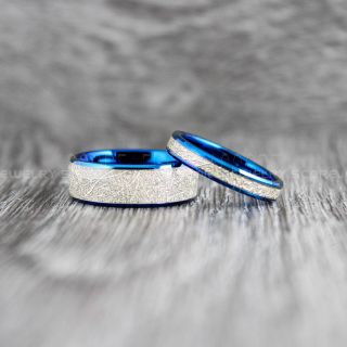 Meteorite Rings, 2 Piece Couple Set Meteorite Wedding Rings, Tungsten Rings with Meteorite Inlay