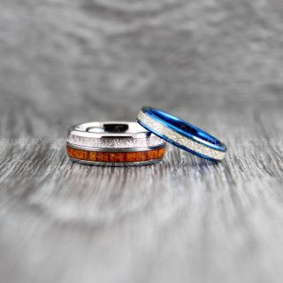 Meteorite Rings, Koa Wood Rings, 2 Piece Couple Set Tungsten Bands with Meteorite Inlay, Meteorite Wedding Bands, Meteorite Wedding Rings, Silver Tungsten Rings