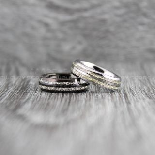 Meteorite Rings, 2 Piece Couple Set Meteorite Wedding Rings, Tungsten Rings with Meteorite Inlay