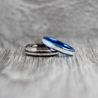 Meteorite Rings, 2 Piece Couple Set Meteorite Wedding Rings, Tungsten Rings with Meteorite Inlay