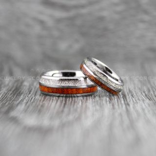 Meteorite Rings, Koa Wood Rings, 2 Piece Couple Set Tungsten Bands with Meteorite Inlay, Meteorite Wedding Bands, Meteorite Wedding Rings, Silver Tungsten Rings