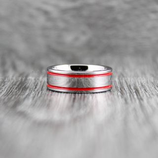 Red Ring, Red Wedding Ring, Silver Tungsten Ring with Two Red Grooves, Silver Wedding Band, Silver Wedding Ring