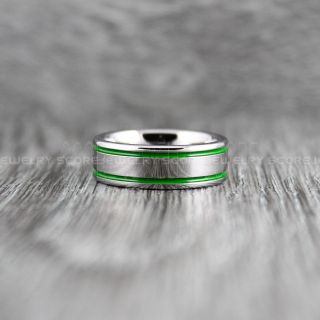 Green Ring, Green Wedding Ring, Silver Tungsten Ring with Two Green Grooves, Silver Wedding Band, Silver Wedding Ring