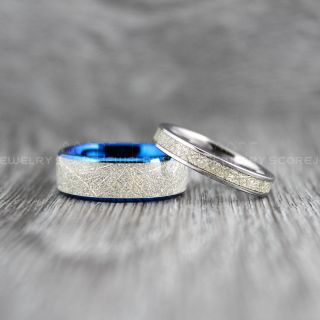 Meteorite Rings, 2 Piece Couple Set Meteorite Wedding Rings, Tungsten Rings with Meteorite Inlay