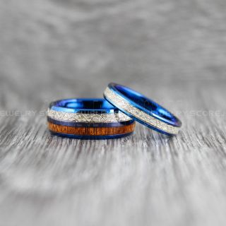 Meteorite Rings, Koa Wood Rings, 2 Piece Couple Set Tungsten Bands with Meteorite Inlay, Meteorite Wedding Bands, Meteorite Wedding Rings, Blue Tungsten Rings