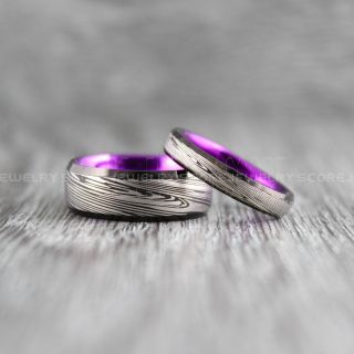 Damascus Steel Rings, 2 Piece Couple Set Damascus Steel Pattern Wedding Bands, Black Wedding Bands, Black Tungsten Rings, Black Wedding Rings