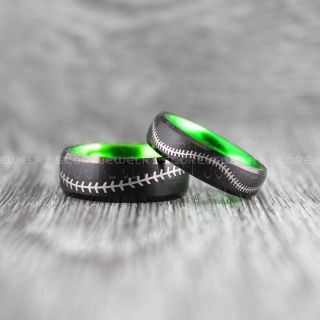 Baseball Rings, 2 Piece Couple Set Black Tungsten Ring, Baseball Stitch Rings