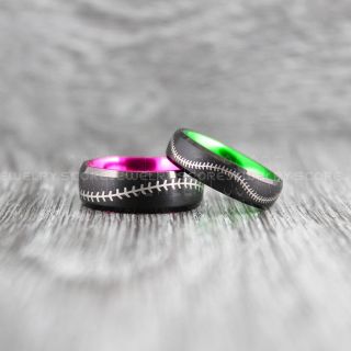 Baseball Rings, 2 Piece Couple Set Black Tungsten Ring, Baseball Stitch Rings
