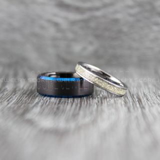 Black Tungsten Ring and Silver Tungsten Ring with Meteorite Inlay Couple Set, Meteorite Wedding Band
