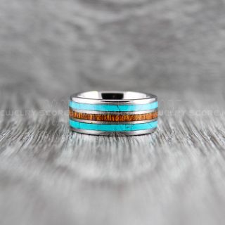 Turquoise Ring, Turquoise Wedding Band, 10mm Silver Tungsten Band with Flat Edge Turquoise Inlay 10mm Turquoise Tungsten Wedding Ring