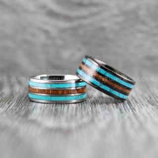 Turquoise Rings, 2 Piece Couple Set Turquoise Wedding Bands, 10mm Tungsten Bands with Flat Edge Turquoise Inlay 10mm Turquoise Tungsten Wedding Rings