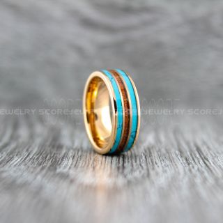 Turquoise Ring, Turquoise Wedding Band, 8mm 14K Rose Gold Tungsten Band with Flat Edge Turquoise Inlay 8mm Turquoise Tungsten Wedding Ring