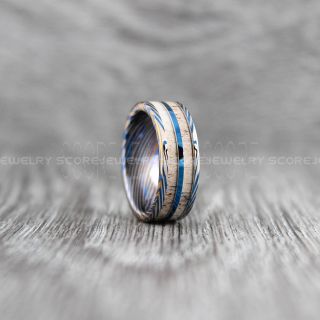 Deer Antler Wedding Band, Antler Ring, Antler Wedding Ring, Blue Tungsten Band, Genuine Deer Antler Inlay Damascus Steel Pattern Laser Engraved 