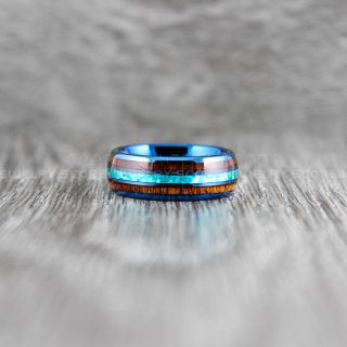 Opal Ring, Koa Wood Ring, Blue Tungsten Band with Opal Inlay, Opal Wedding Band, Opal Wedding Ring, Blue Tungsten Ring