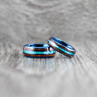 Opal Rings, Koa Wood Rings, 2 Piece Couple Set Blue Tungsten Bands with Opal Inlay, Opal Wedding Bands, Opal Wedding Rings, Blue Tungsten Rings