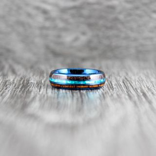 Opal Ring, Koa Wood Ring, Blue Tungsten Band with Opal Inlay, Opal Wedding Band, Opal Wedding Ring, Blue Tungsten Ring