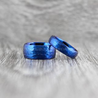 2 Piece Couple Set Wedding Rings, Blue Wedding Bands, Blue Hammered Tungsten Bands, Blue Wedding Rings, Blue Tungsten Wedding Rings