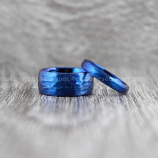 2 Piece Couple Set Wedding Rings, Blue Wedding Bands, Blue Hammered Tungsten Bands, Blue Wedding Rings, Blue Tungsten Wedding Rings