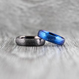 2 Piece Couple Set Wedding Rings, Blue Wedding Bands, Blue Hammered Tungsten Bands, Blue Wedding Rings, Blue Tungsten Wedding Rings