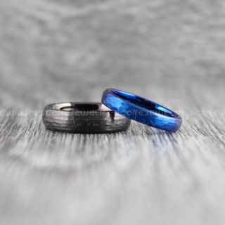 2 Piece Couple Set Wedding Rings, Blue Wedding Bands, Blue Hammered Tungsten Bands, Blue Wedding Rings, Blue Tungsten Wedding Rings