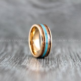 Turquoise Ring, Turquoise Wedding Band, 8mm 14K Rose Gold Tungsten Band with Flat Edge Turquoise Inlay 8mm Turquoise Tungsten Wedding Ring