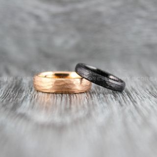 Hammered Rings, Rose Gold Wedding Bands, 2 Piece Couple Set Rose Gold Hammered Tungsten Bands, Rose Gold Wedding Rings, Rose Gold Tungsten Wedding Rings