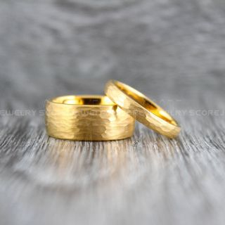 Hammered Rings, Yellow Gold Wedding Bands, 2 Piece Couple Set Yellow Gold Hammered Tungsten Bands, Yellow Gold Wedding Rings, Yellow Gold Tungsten Wedding Rings