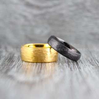 Hammered Rings, Yellow Gold Wedding Bands, 2 Piece Couple Set Yellow Gold Hammered Tungsten Bands, Yellow Gold Wedding Rings, Yellow Gold Tungsten Wedding Rings