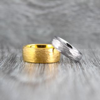 Hammered Rings, Yellow Gold Wedding Bands, 2 Piece Couple Set Yellow Gold Hammered Tungsten Bands, Yellow Gold Wedding Rings, Yellow Gold Tungsten Wedding Rings