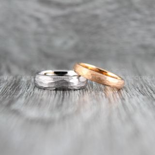 Hammered Rings, Rose Gold Wedding Bands, 2 Piece Couple Set Rose Gold Hammered Tungsten Bands, Rose Gold Wedding Rings, Rose Gold Tungsten Wedding Rings
