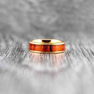 Koa Wood Ring, Koa Wood Wedding Band, 8mm 14K Rose Gold Tungsten Band with Domed Edge and Koa Wood Inlay, Koa Wood Tungsten Wedding Ring