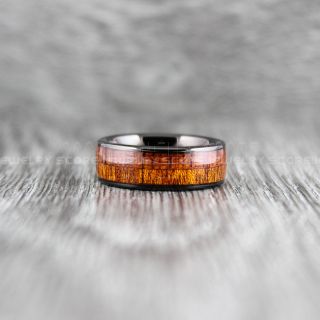 Koa Wood Ring, Koa Wood Wedding Band, 8mm Black Tungsten Band with Domed Edge and Koa Wood Inlay, Koa Wood Tungsten Wedding Ring