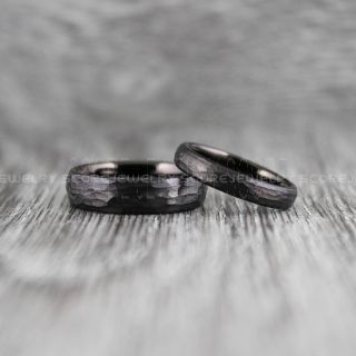 Hammered Rings, Hammered Wedding Bands, 2 Piece Couple Set Hammered Rings, Black Hammered Tungsten Bands