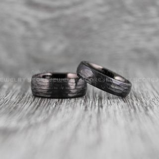 Hammered Rings, Hammered Wedding Bands, 2 Piece Couple Set Hammered Rings, Black Hammered Tungsten Bands