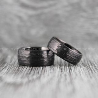 Hammered Rings, Hammered Wedding Bands, 2 Piece Couple Set Hammered Rings, Black Hammered Tungsten Bands