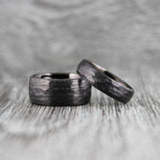 Hammered Rings, Hammered Wedding Bands, 2 Piece Couple Set Hammered Rings, Black Hammered Tungsten Bands
