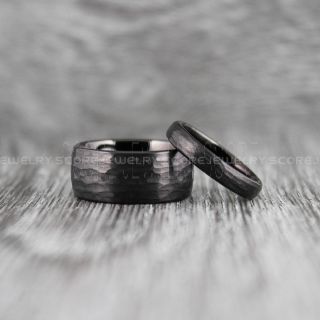 Hammered Rings, Hammered Wedding Bands, 2 Piece Couple Set Hammered Rings, Black Hammered Tungsten Bands