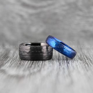 Hammered Rings, Hammered Wedding Bands, 2 Piece Couple Set Hammered Rings, Rose Gold Wedding Bands, Black Hammered Tungsten Bands, Rose Gold Wedding Rings, Black Tungsten Wedding Rings