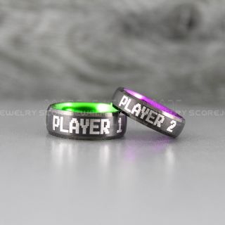  Player 1 Player 2 Rings, Gamer Rings, Green Tungsten Rings, Black Wedding Bands, Couple Ring Set Gamer Rings