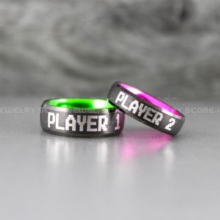  Player 1 Player 2 Rings, Gamer Rings, Green Tungsten Rings, Black Wedding Bands, Couple Ring Set Gamer Rings