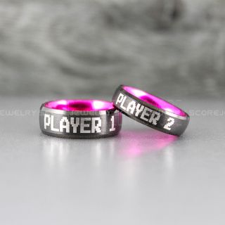  Player 1 Player 2 Rings, Gamer Rings, Pink Tungsten Rings, Black Wedding Bands, Couple Ring Set Gamer Rings